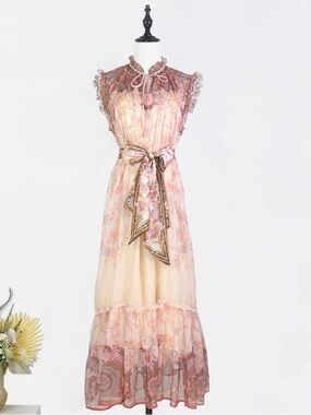 Elegant Pink Floral Tie-Waist Maxi Dress